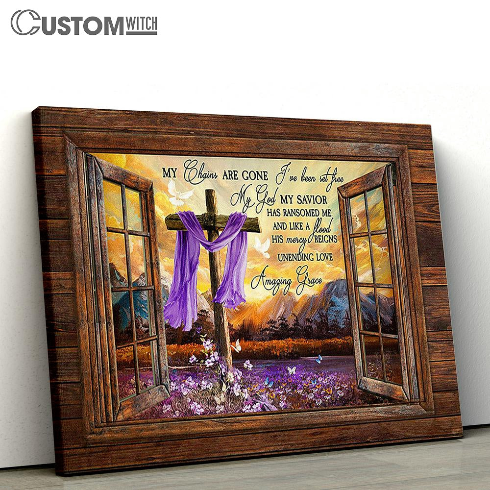 My Chains Are Gone Purple Flower Field Wooden Cross Butterfly Canvas Art - Christian Wall Art Decor - Bible Verse Canvas