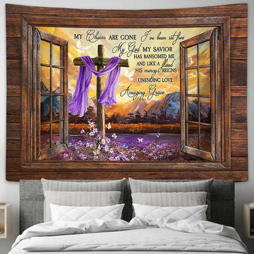 My Chains Are Gone Purple Flower Field Wooden Cross Butterfly Tapestry Art - Christian Wall Art Decor - Bible Verse Tapestry