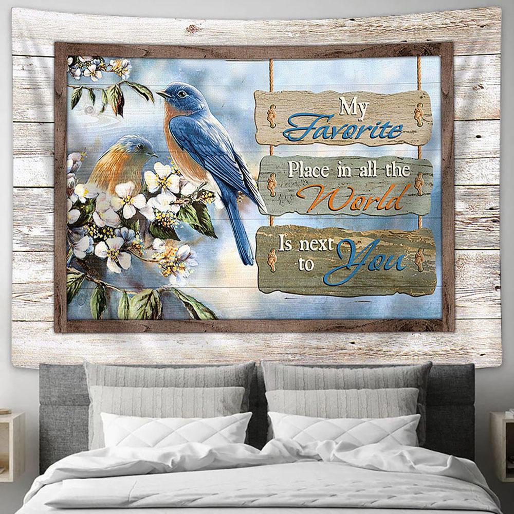 My Favorite Place In All The World Bluebird Jasmine Forest Tapestry Art - Christian Wall Art Decor - Bible Verse Tapestry