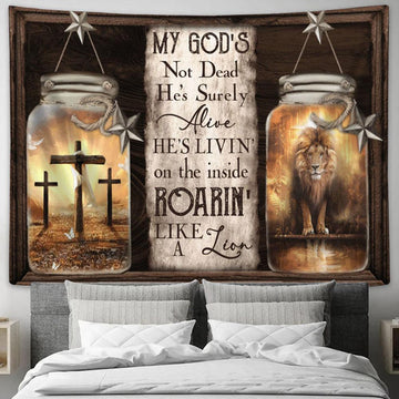 My God&#39;s Surely Alive Lion Cross Large Tapestry - Christian Tapestry Prints - Religious Tapestry Art