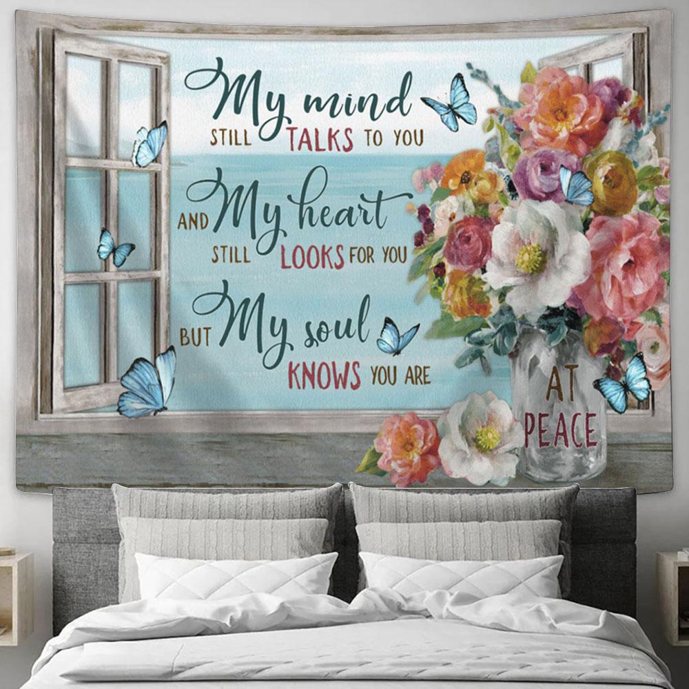 My Mind Still Talks To You Brilliant Flower Blue Butterfly Window Beach Large Tapestry - Christian Tapestry Prints - Religious Tapestry Art