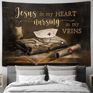 Nurse Cross Jesus In My Heart Nursing In My Veins Tapestry Wall Art - Bible Verse Tapestry - Religious Tapestry Wall Hanging