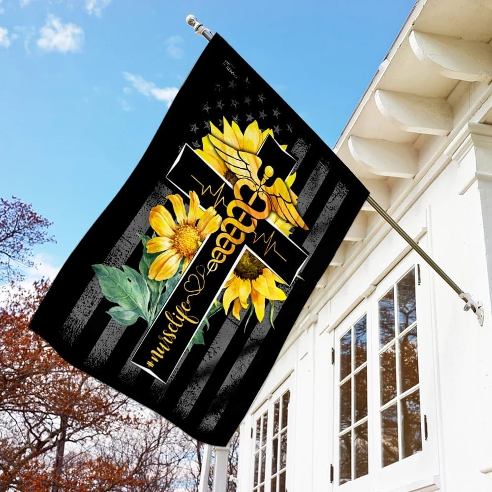 Nurse Life Sunflower Christian Cross House Flag, Outdoor Religious Flags, Christian Flag, Scripture Flag, Garden Banner