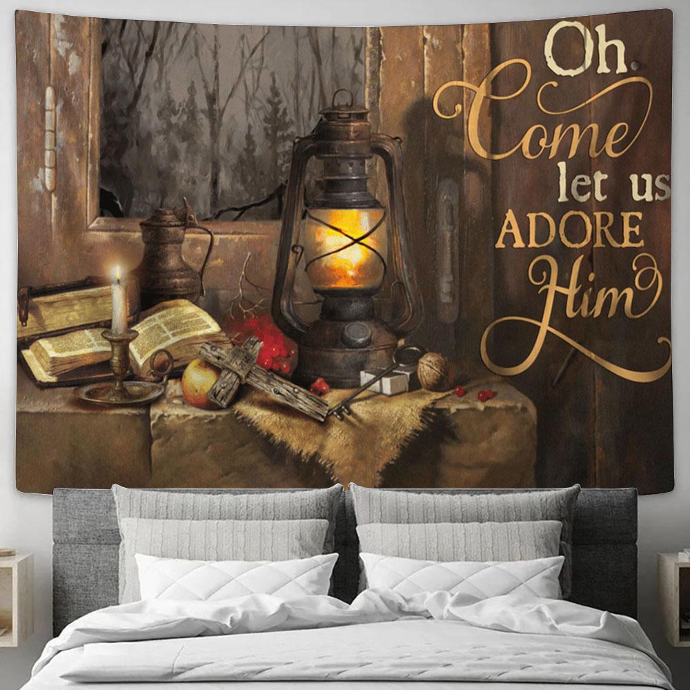 Oh Come Let Us Adore Him Candle Bible Cross Large Tapestry - Christian Tapestry Prints - Religious Tapestry Art