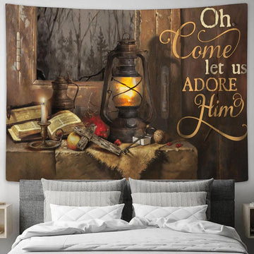 Oh Come Let Us Adore Him Candle Bible Cross Large Tapestry - Christian Tapestry Prints - Religious Tapestry Art
