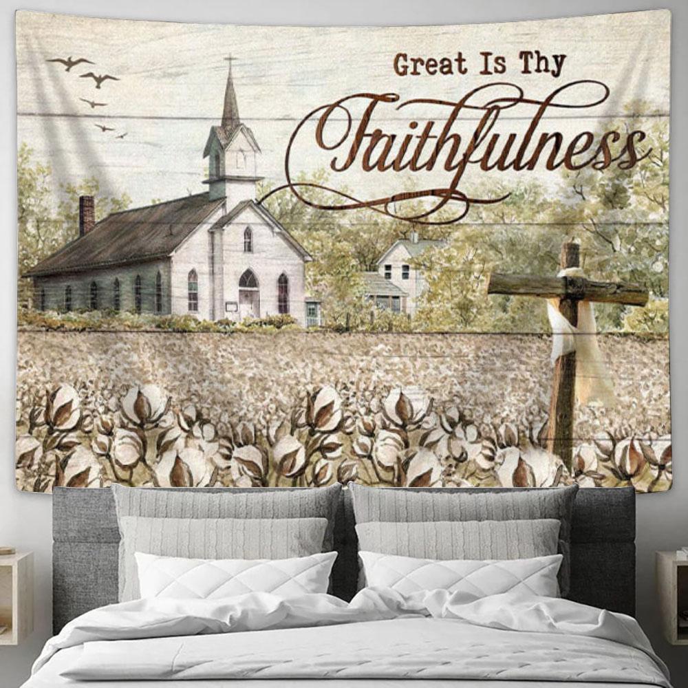Old Country Church - Great Is Thy Faithfulness Tapestry Wall Art Print - - Christian Wall Decor
