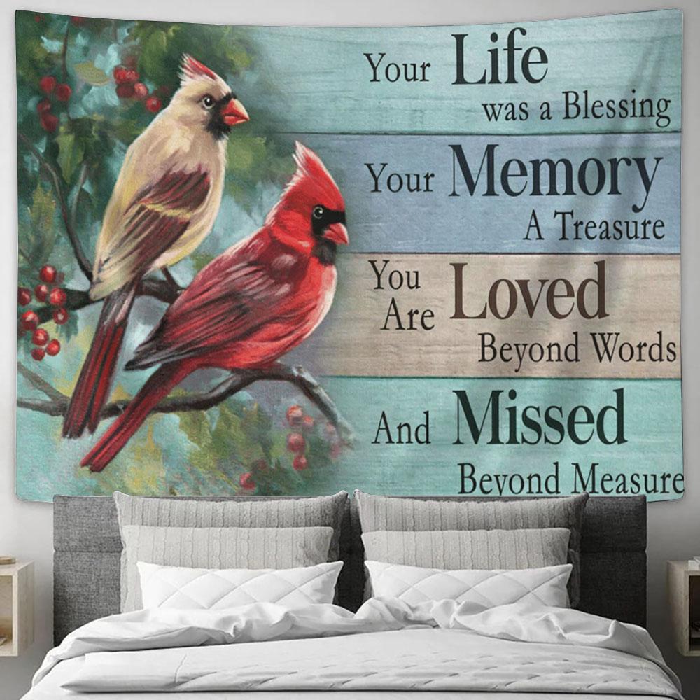 Our Life Was A Blessing Cardinal Cranberry Tree Large Tapestry - Christian Tapestry Prints - Religious Tapestry Art