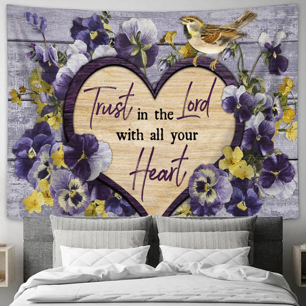 Pansy Flower Little Bird Trust In The Lord Large Tapestry - Christian Tapestry Prints - Religious Tapestry Art