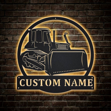 Personalization Bulldozer Truck Monogram Metal Sign, Led Lights Bulldozer Metal Sign, Metal Wall Decor, Wall Hanging Art, Home Decor Sign