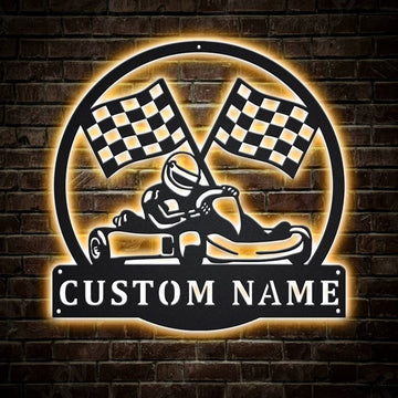 Personalization Go Kart Racing Monogram Metal Sign, Led Lights Go Kart Racing Metal Sign, Metal Wall Decor, Wall Hanging Art, Home Decor Sign