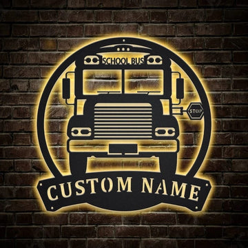 Personalization School Bus Driver Monogram Metal Sign, Led Lights Bus Driver Metal Sign, Metal Wall Decor, Wall Hanging Art, Home Decor Sign