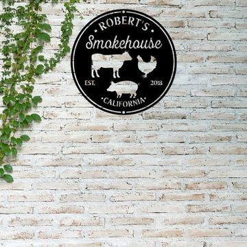 Personalized Bbq Smoke House Metal Sign, Grill Sign, Pig Chicken Cow Sign, Backyard Smokehouse And Grill Bar Sign, Father's Day Gift