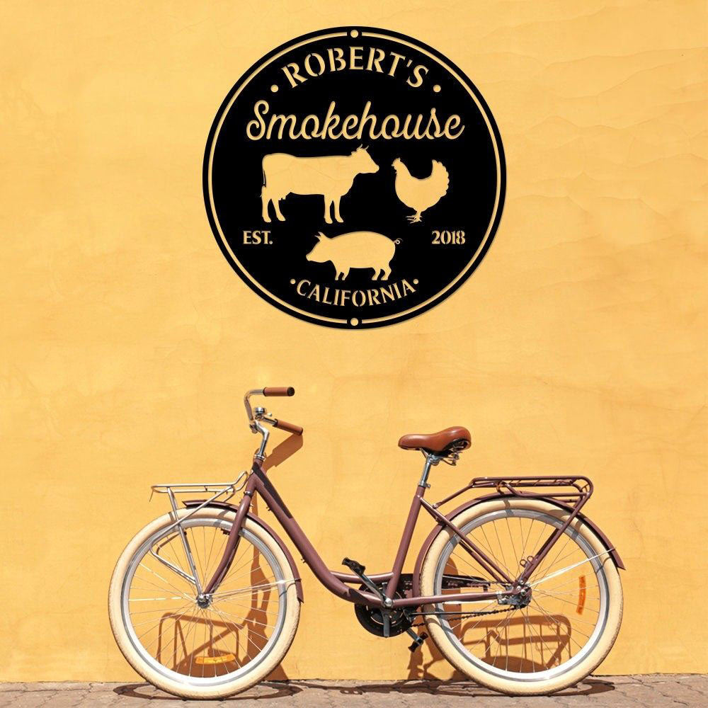 Personalized Bbq Smoke House Metal Sign, Grill Sign, Pig Chicken Cow Sign, Backyard Smokehouse And Grill Bar Sign, Father's Day Gift