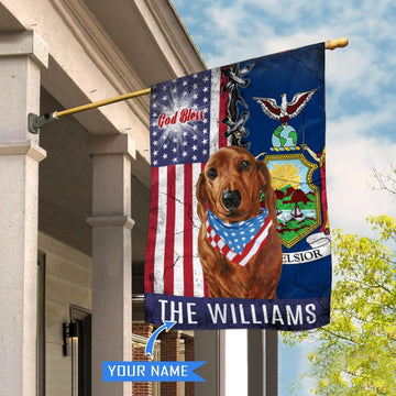 Personalized Dog Flags, New York Dachshund God Bless House Flag, Garden Flags Dogs, Dog House Flags