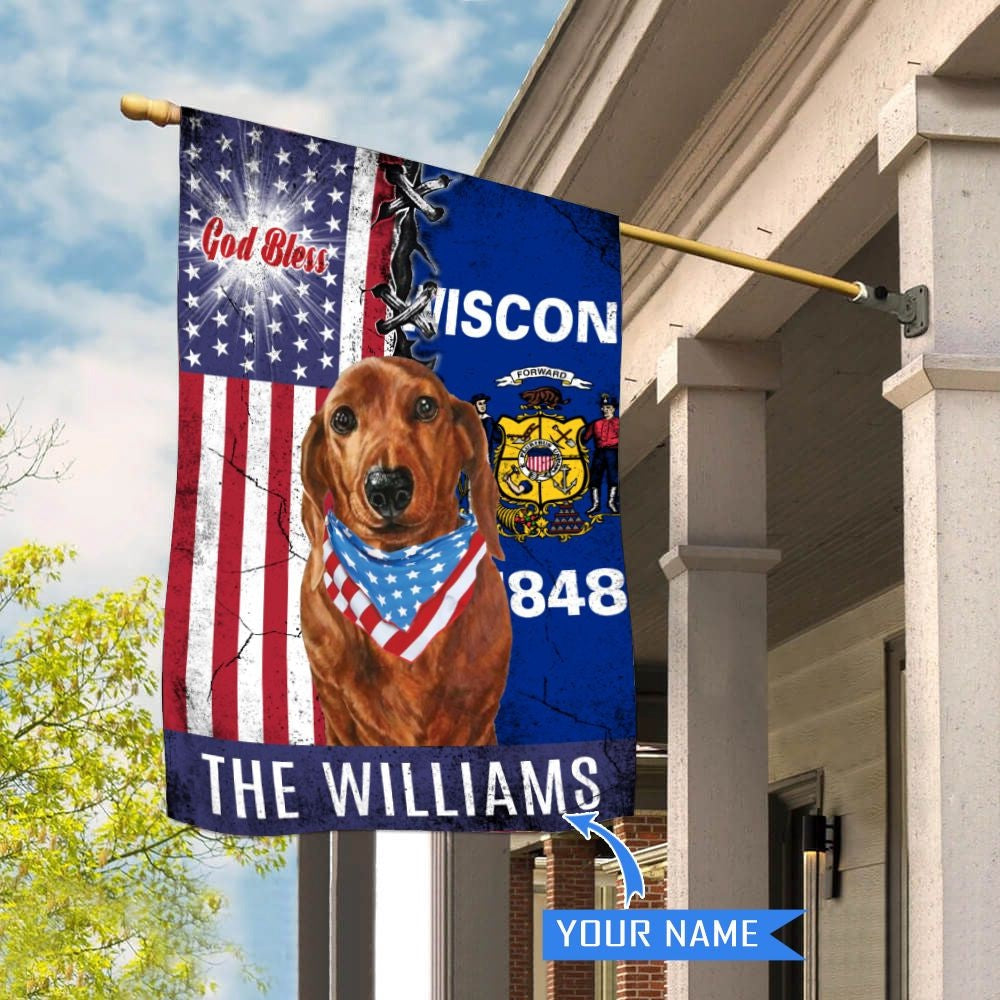 Personalized Dog Flags, Wisconsin Dachshund God Bless House Flag, Garden Flags Dogs, Dog House Flags