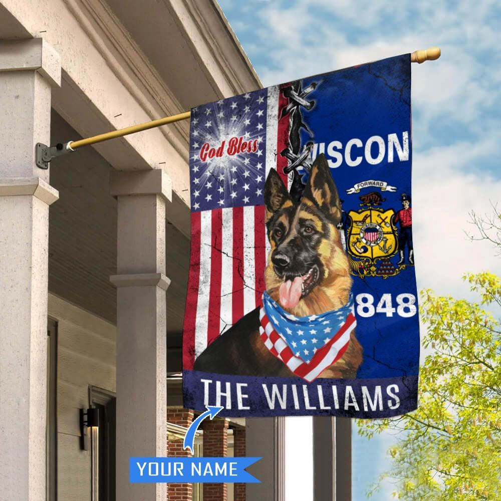 Personalized Dog Flags, Wisconsin German Shepherd God Bless House Flag, Garden Flags Dogs, Dog House Flags