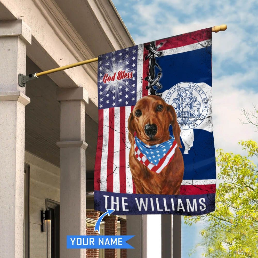 Personalized Dog Flags, Wyoming Dachshund God Bless House Flag, Garden Flags Dogs, Dog House Flags
