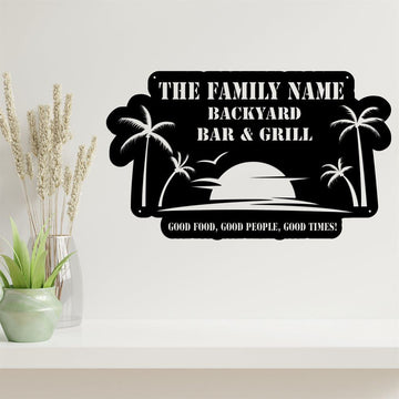 Personalized Metal Backyard Pool Metal Sign, Outdoor Pool Signs, Palm Trees Sign, Pool Bar And Grill Backyard Decor, Happy Hour Metal Wall Art