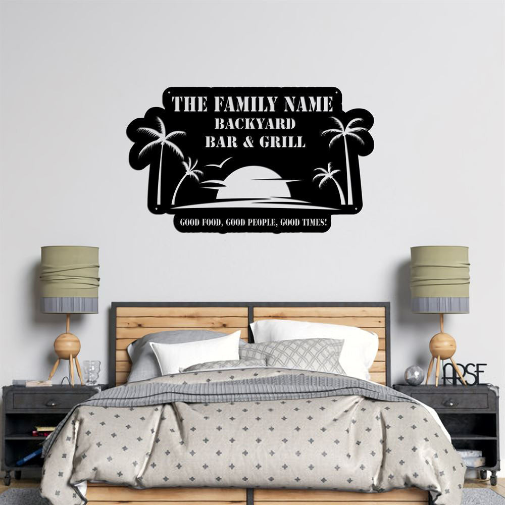 Personalized Metal Backyard Pool Metal Sign, Outdoor Pool Signs, Palm Trees Sign, Pool Bar And Grill Backyard Decor, Happy Hour Metal Wall Art