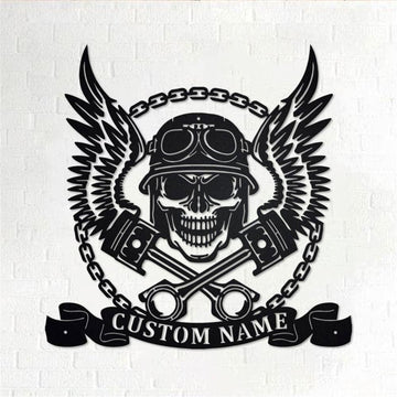 Personalized Metal Monogram Sign, Biker Skull With Wings And Pistons Metal Wall Art, Biker Name Sign, Biker Home Decor