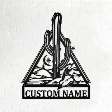 Personalized Metal Monogram Sign, Cactus With Cow Skull Metal Wall Art, Cactus Name Sign, Cactus Home Decor