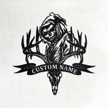 Personalized Metal Monogram Sign, Deer Skull Bone Hunting Grim Reaper Metal Wall Art, Deer Hunting Name Sign, Deer Home Decor