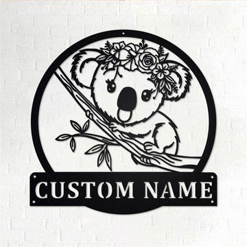 Personalized Metal Monogram Sign, Floral Koala Metal Wall Art, Koala Name Sign, Koala Metal Home Decor