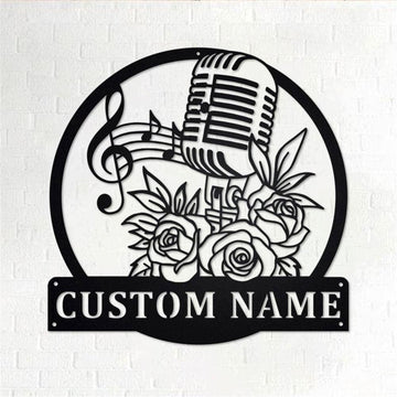 Personalized Metal Monogram Sign, Floral Microphone Metal Wall Art, Microphone Name Sign, Microphone Metal Home Decor