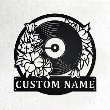 Personalized Metal Monogram Sign, Floral Music Turntable Record Metal Wall Art, Disc Jockey Name Sign, DJ Metal Home Decor
