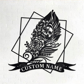 Personalized Metal Monogram Sign, Gothic Skull Feather Metal Wall Art, Gothic Skull Feather Name Sign, Feather Home Decor