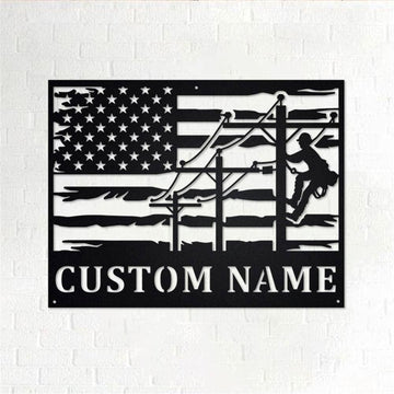 Personalized Metal Monogram Sign, Lineman USA Flag Round Metal Wall Art, Lineman Name Sign, Lineman Home Decor