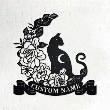 Personalized Metal Monogram Sign, Moon Cat Metal Wall Art, Cat Name Sign, Cat Metal Home Decor
