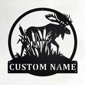 Personalized Metal Monogram Sign, Moose with Cattails Metal Wall Art, Moose Hunter Name Sign, Moose Metal Home Decor