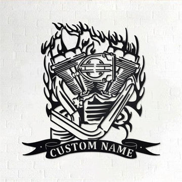 Personalized Metal Monogram Sign, Motorcycle Engine Metal Wall Art, Biker Name Sign, Motor Mechanic Metal Home