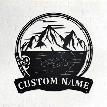 Personalized Metal Monogram Sign, Mountains Fishing Metal Wall Art, Fisher Name Sign, Fishing Metal Home Decor