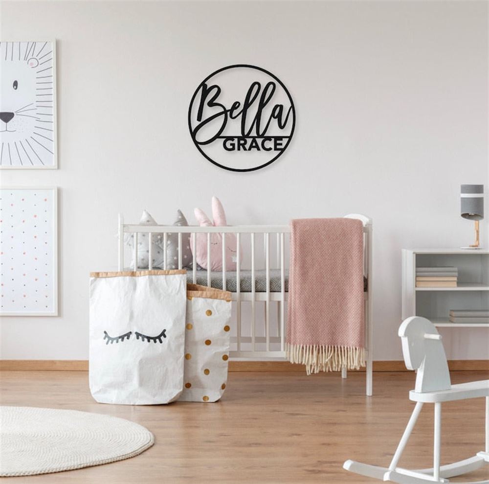 Personalized Metal Monogram Sign, Round baby Name Sign, Baby Name Sign, Nursery Sign Nursery Artwork Name Sign, Round Name Sign
