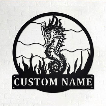 Personalized Metal Monogram Sign, Sea Horse Ocean Beach Metal Art, Steel Wall Decor, Seahorse Marine Life Sign, Nautical Wall Art