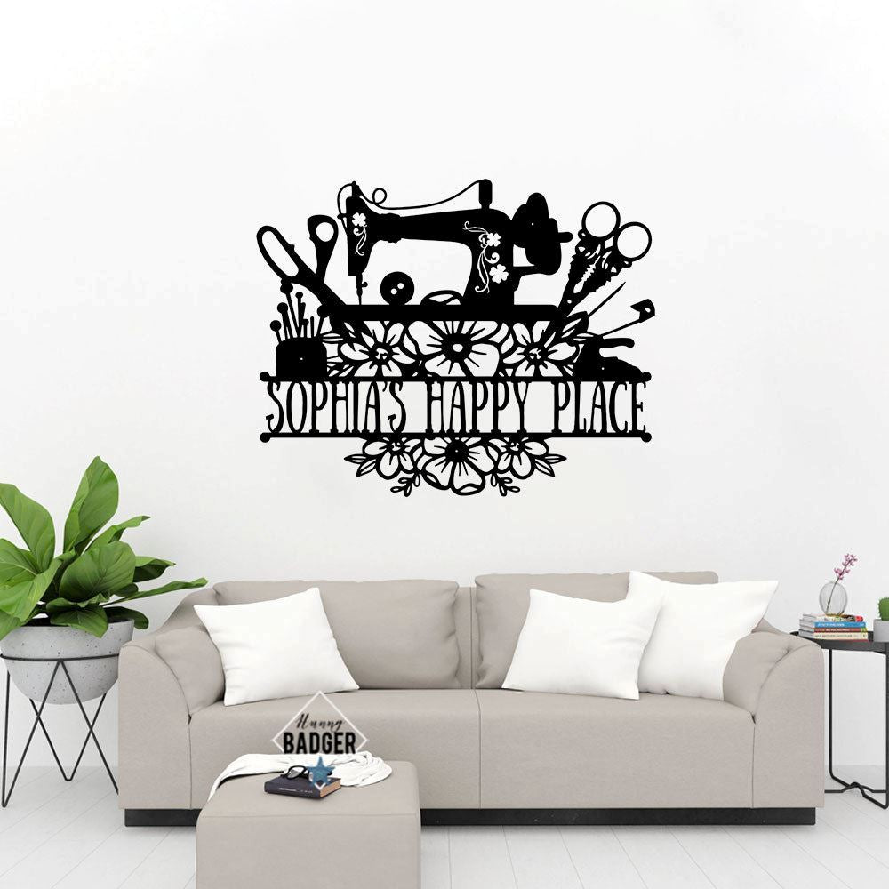 Personalized Metal Monogram Sign, Sewing Lovers Nana's Happy Place Metal Sign, Cut Metal Sign