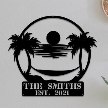 Personalized Metal Monogram Sign, Sunset Beach Metal Sign, Beach Metal Wall Art, Pool Sign, Palm Tree Sign, Metal Sea Art Beach Scene Sign