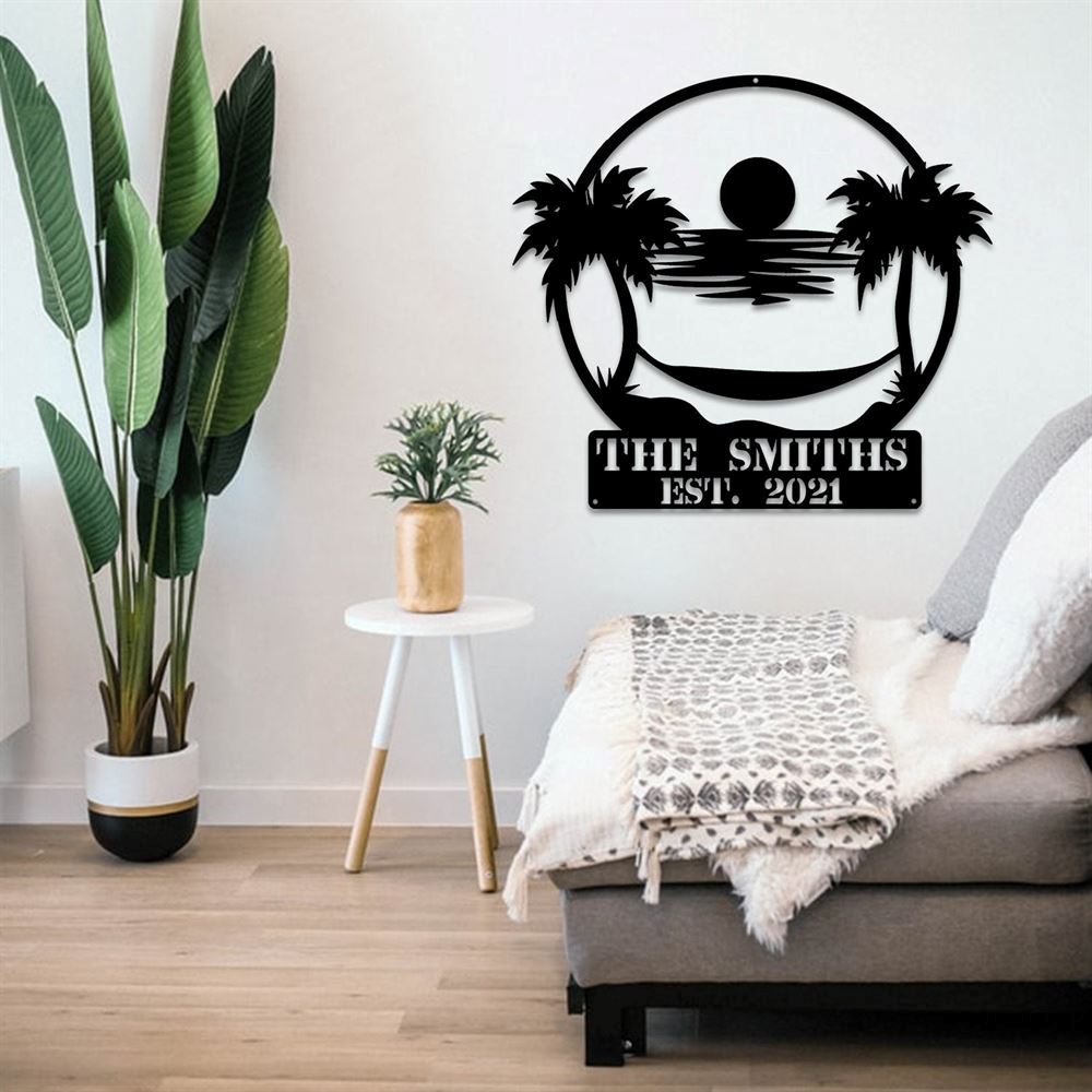 Personalized Metal Monogram Sign, Sunset Beach Metal Sign, Beach Metal Wall Art, Pool Sign, Palm Tree Sign, Metal Sea Art Beach Scene Sign