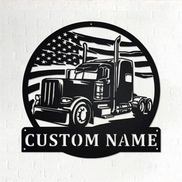 Personalized Metal Monogram Sign, US Flag Semi-Trailer Truck Metal Wall Art, Semi Truck Name Sign, Semi Truck Home Decor