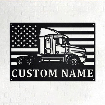 Personalized Metal Monogram Sign, US Flag Semi Truck Metal Wall Art, Semi Truck Name Sign, Semi Truck Home Decor