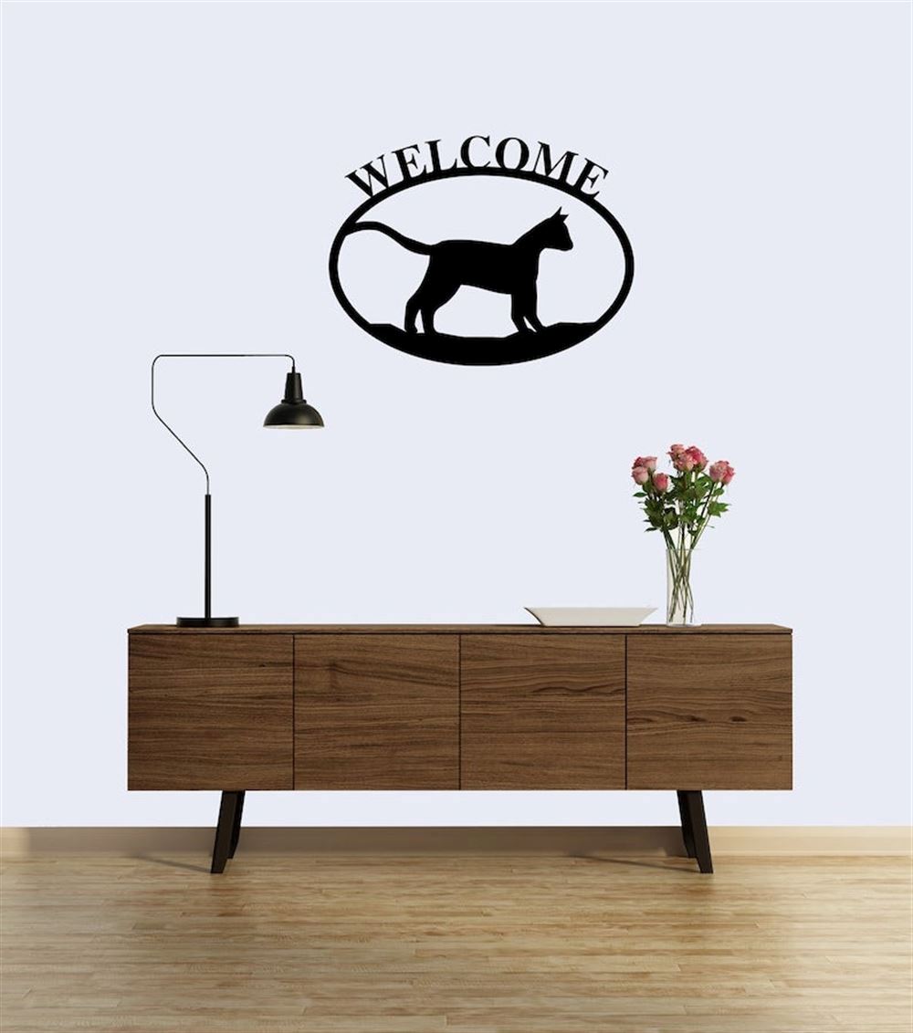 Personalized Metal Monogram Sign, Welcome Cat Round Graphic Laser Cut Solid Steel Decorative, Home Accent Wall Sign