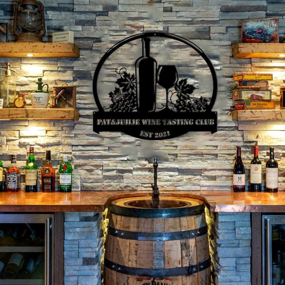 Personalized Metal Monogram Sign, Wine Lovers Man Cave Name Metal Wall Art, Cut Metal Sign