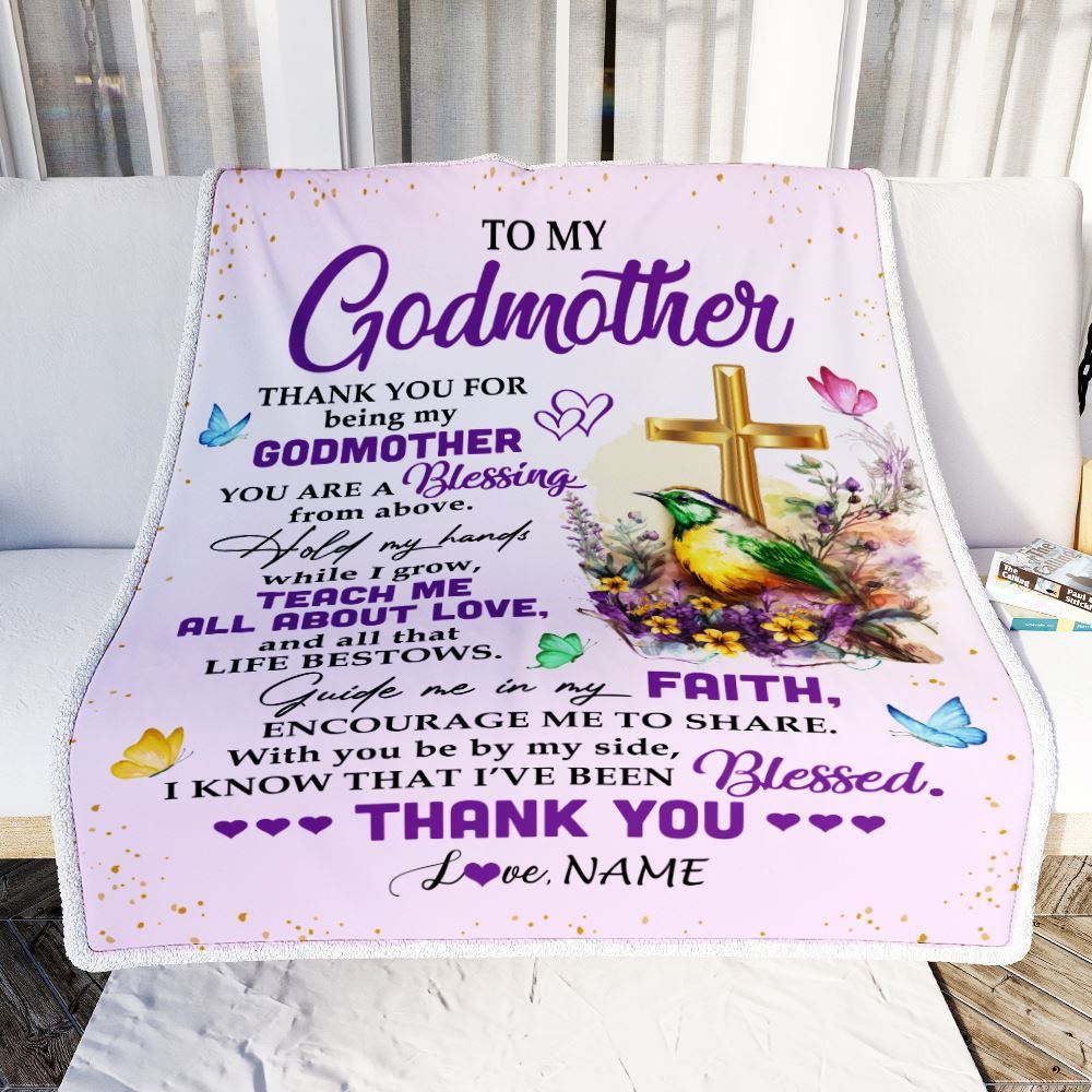 Personalized To My Godmother Blanket From Goddaughter Godson Cross Flower Thank You Blessing Blanket, Mother&#39;s Day Blanket, Presents For Her