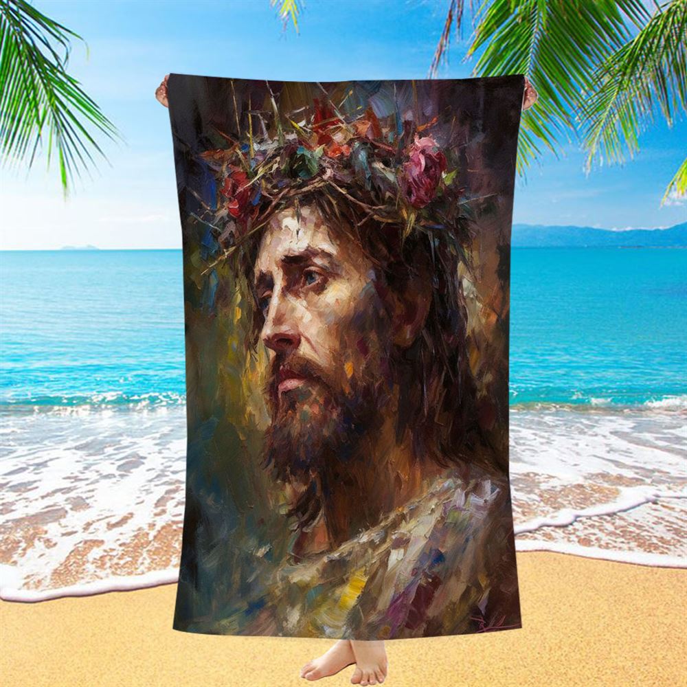 Portrait Of Jesus With The Crown Of Thorn Beach Towel - Jesus Beach Towel - Christian Beach Towel Decor