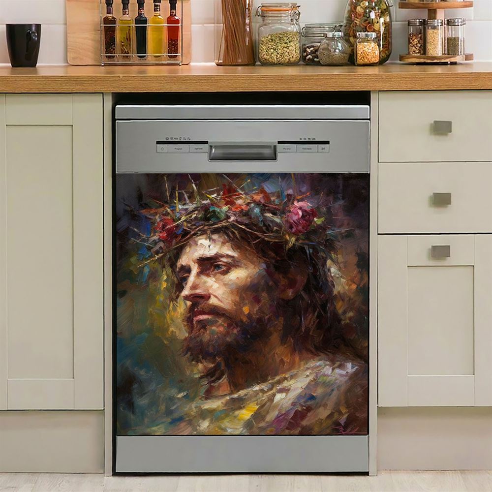 Portrait Of Jesus With The Crown Of Thorn Dishwasher Cover, Jesus Dishwasher Wrap, Christian Kitchen Decoration