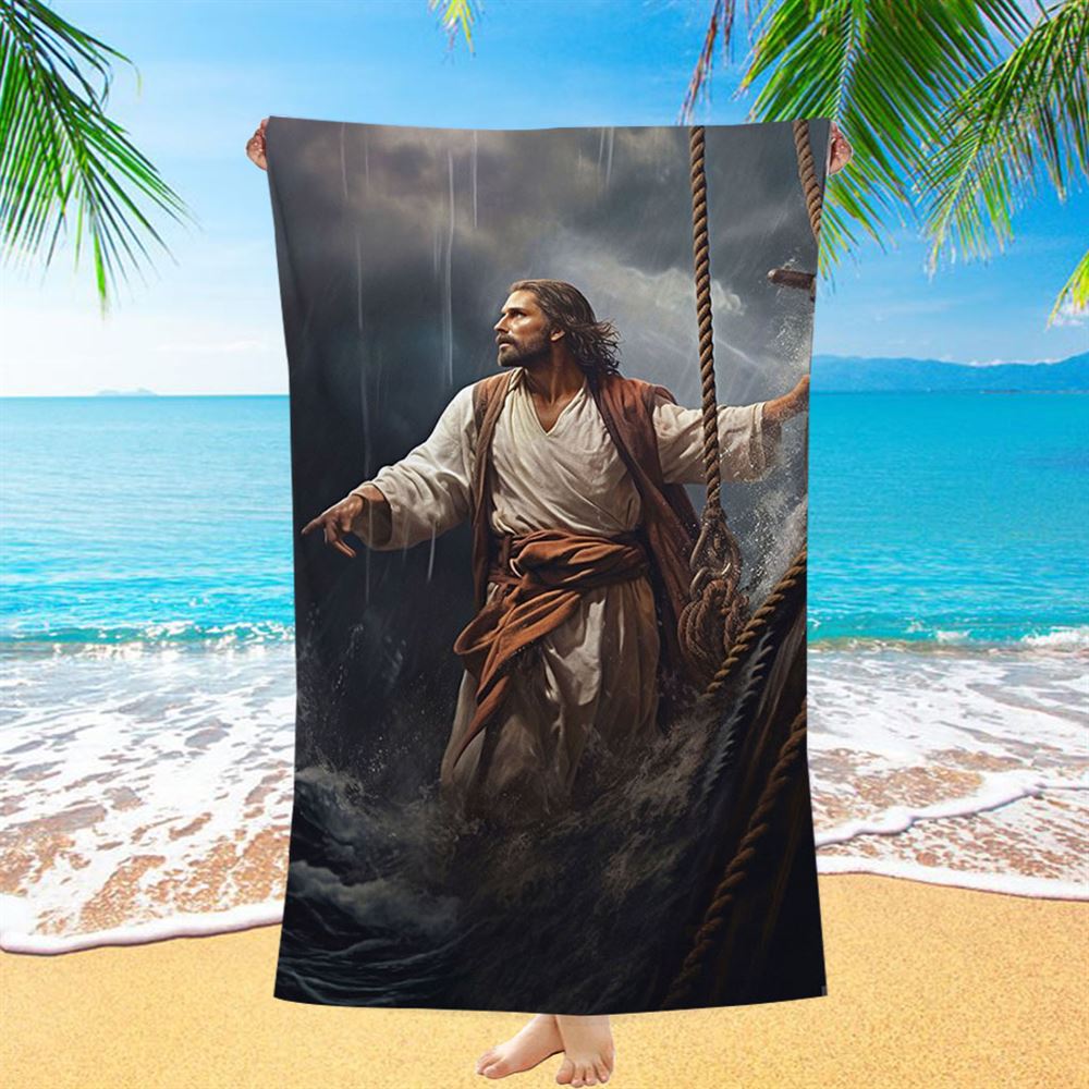 Power Jesus Christ Came To Rescue A Fishing Boat Beach Towel - Jesus Beach Towel - Christian Beach Towel Decor