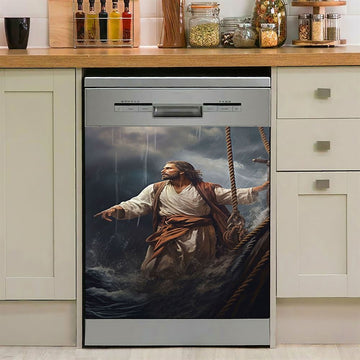 Power Jesus Christ Came To Rescue A Fishing Boat Dishwasher Cover, Jesus Dishwasher Wrap, Christian Kitchen Decoration