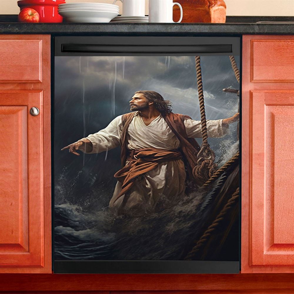 Power Jesus Christ Came To Rescue A Fishing Boat Dishwasher Cover, Jesus Dishwasher Wrap, Christian Kitchen Decoration